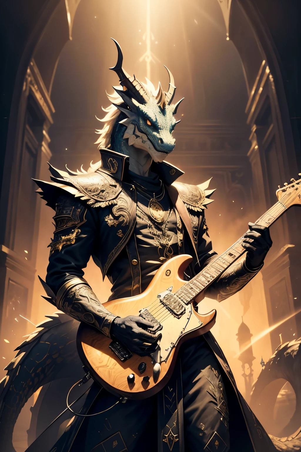 ((Best quality)), ((masterpiece)), ((realistic cartoon)), ((perfect character)):

Dragon head Rockstar with holding an electric guitar,In this stunning and highly detailed realistic cartoon, we present a Rockstar with a dragon head. The Dragonoid Rockstar stands tall with, clad in intricate garment, complete with flowing garments and ornate patterns. His face is high tower shield, adding to his angelic and stunning appearance.

The Product Owner channels the power of light, conjuring dazzling rays and holy energies. The scene is set in a thematically rich environment, filled with magical vibes, and mystical symbols that enhance the ambiance. The lighting, crafted with a cinematic touch, casts a spellbinding glow, emphasizing the magical aura surrounding the Dragonoid Rockstar.

Every element of this masterpiece is carefully designed to create a sense of realism and immersion. The intricacies of the Dragonoid Rockstar clothing, the mesmerizing effects of his conjurations, and the level of detail in his weathered face all contribute to a captivating visual experience. This artwork is presented in stunning UHD resolution, allowing you to appreciate every nuance and intricacy in breathtaking detail.

Portrait,Eye level, scenic, masterpiece,mtg art,magic the gathering art.