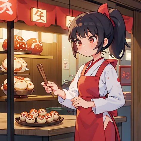 a girl grilling takoyaki at a takoyaki shop　apron and ponytail　stall