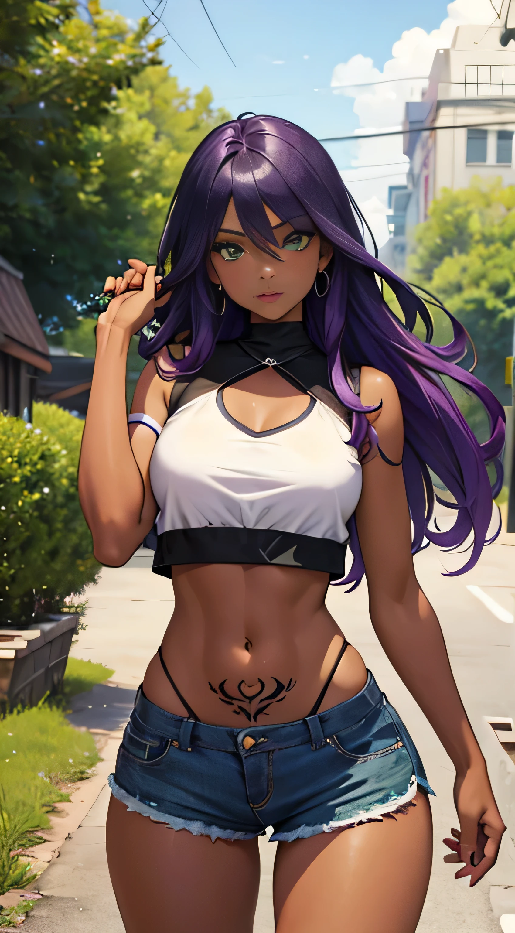 a beautiful girl with black skin color, green eyes, long purple hair, with several tattoos spread across her body, wearing short shorts, showing the definition of her thighs, and wearing a short blouse, showing her belly