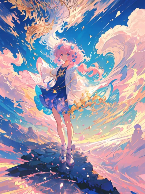 1 garota, (cabelo iridescente, cabelo colorido, half Azul and half pink hair: 1.2), 17 anos, Azul_sky, holding a magic wand, Sum...