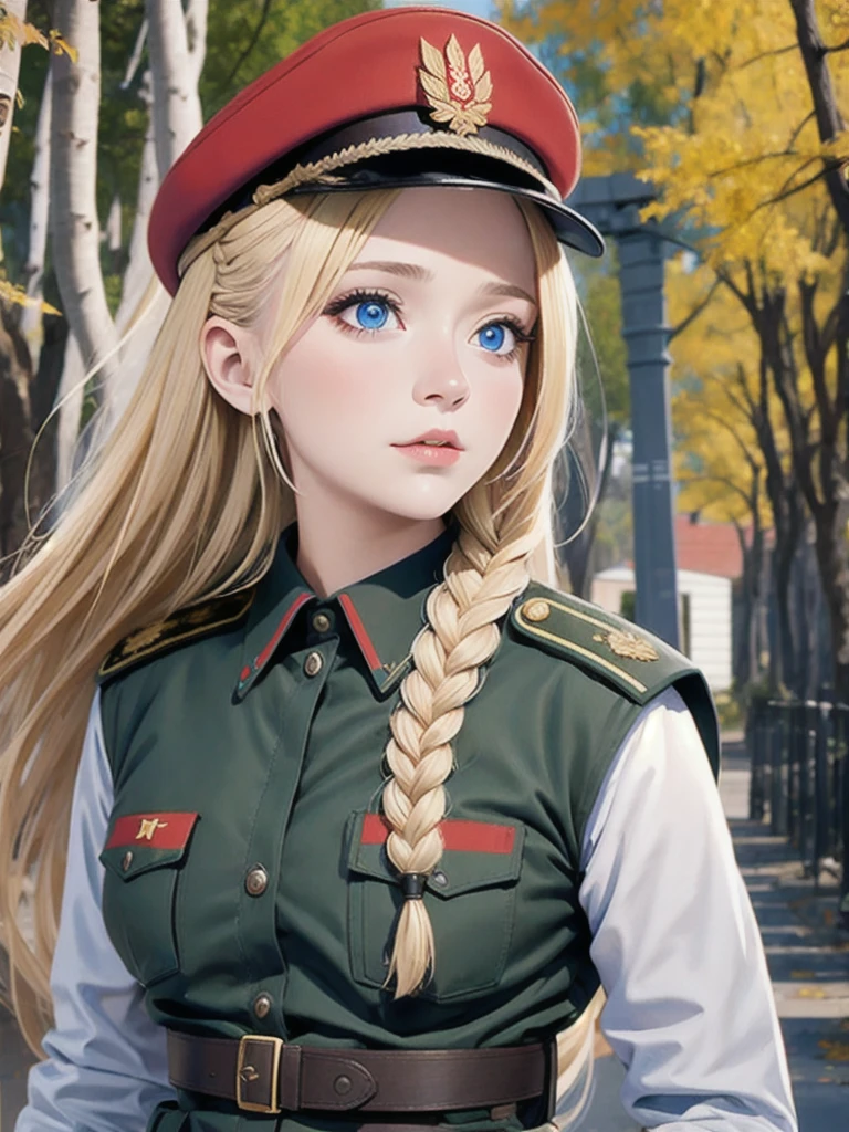 1 Mädchen, One, Sowjetische Militäruniform, dynamische pose, beste Qualität, gute Qualität, Eine hohe Auflösung, Meisterwerk, wegschauend, Gesicht vom Betrachter abgewandt, Quelle_Anime BREAK 1girl, One,Sowjetische Militäruniform, sowjetische Mütze, belt, Blondes Haar, langer Zopf, Emotionen, Rock, blaue Augen, steht der Wille der Trauerweide