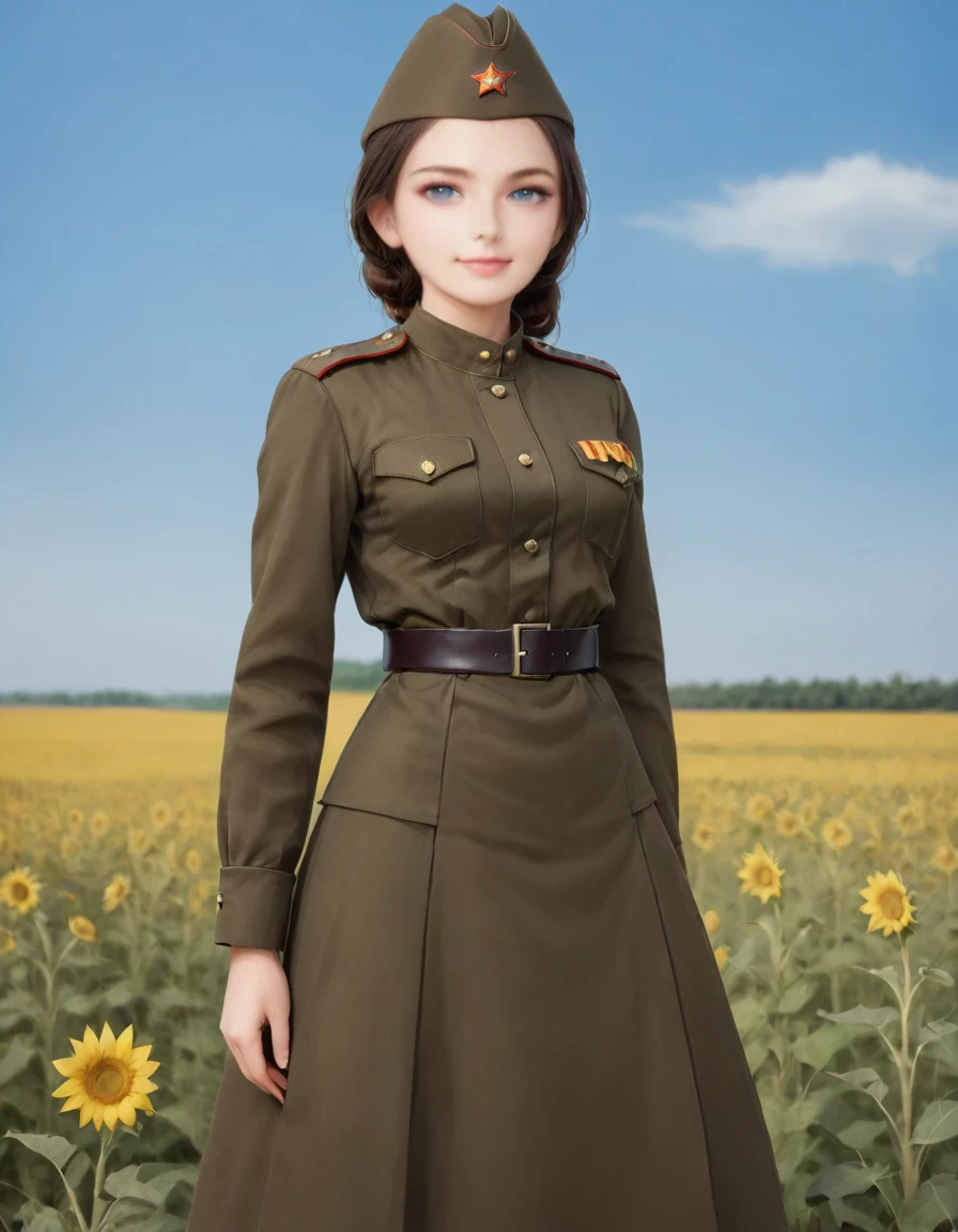 1 girl, One, Soviet Military Uniform, dynamic pose, Best quality, high quality, a high resolution, masterpiece, I look at the viewer, facing the viewer,, source_аниме BREAK 1girl, One,Soviet Military Uniform, soviet cap, belt, Brown hair, hairstyle ponytail, Look at the viewer, emotions, skirt, Blue eyes, standing in a field of sunflowers