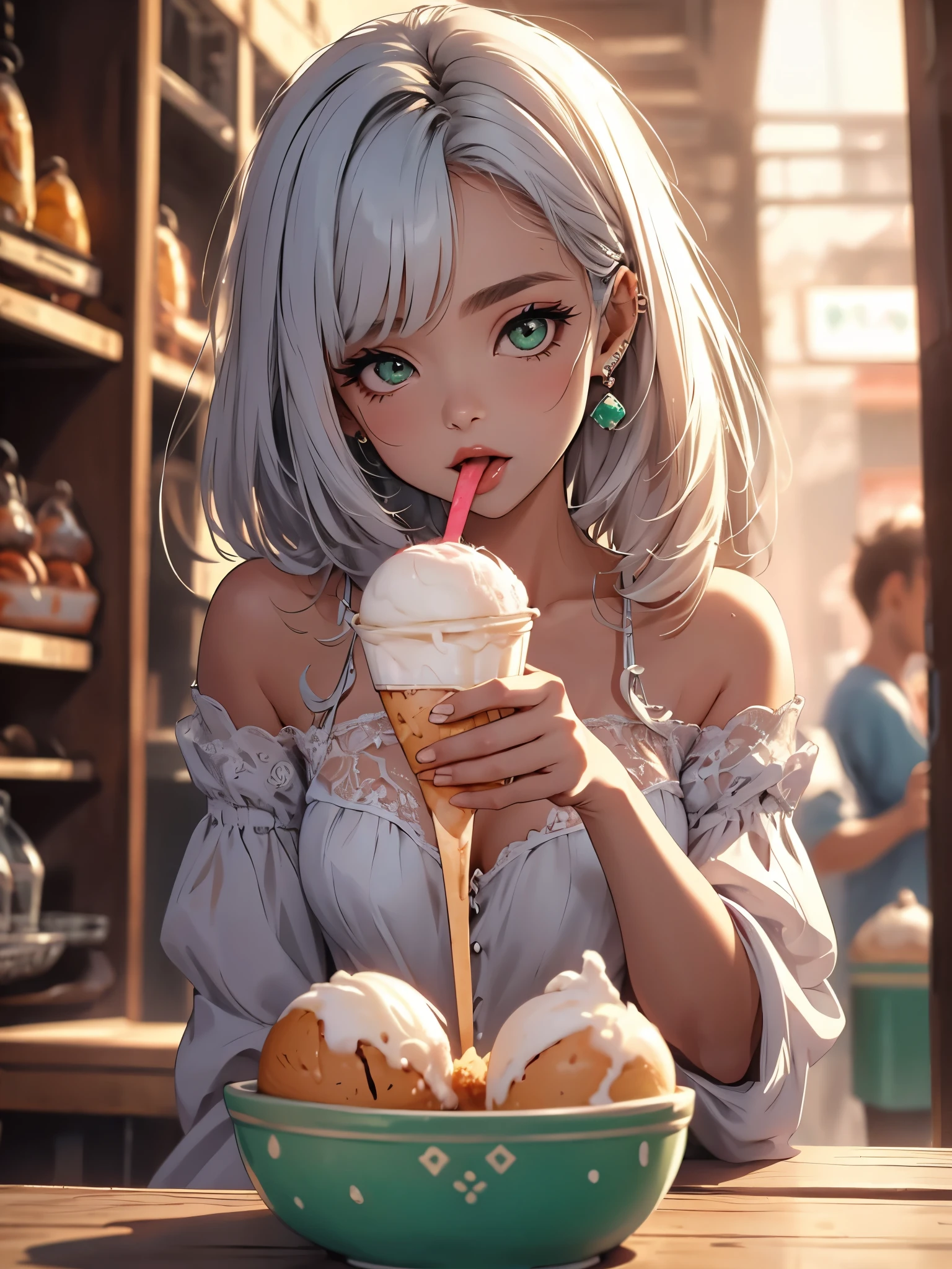 a close-up of a girl holding an ice cream cone, (((eating ice cream cone, tongue out, ice cream balls))), dolce , woman with wavy silver hair, bangss, clear blue eyes, Red lips, delicate green dress,
