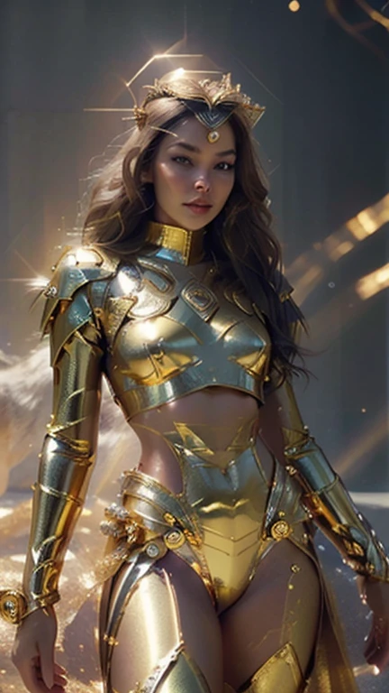 女神の超美しい写真を作成する, 王冠と光輪が付いた金色の衣装を着ている, 彼女の傍らには力強いライオンが, 映画のような効果, 非常に詳細な, 複雑なディテール, 光沢のある, 高い, 素晴らしい, 写実的な, 超リアル, 輝く肌, 肌にゴールドのホログラフィックな輝きを与える, HD品質, 8K, 半身ショット