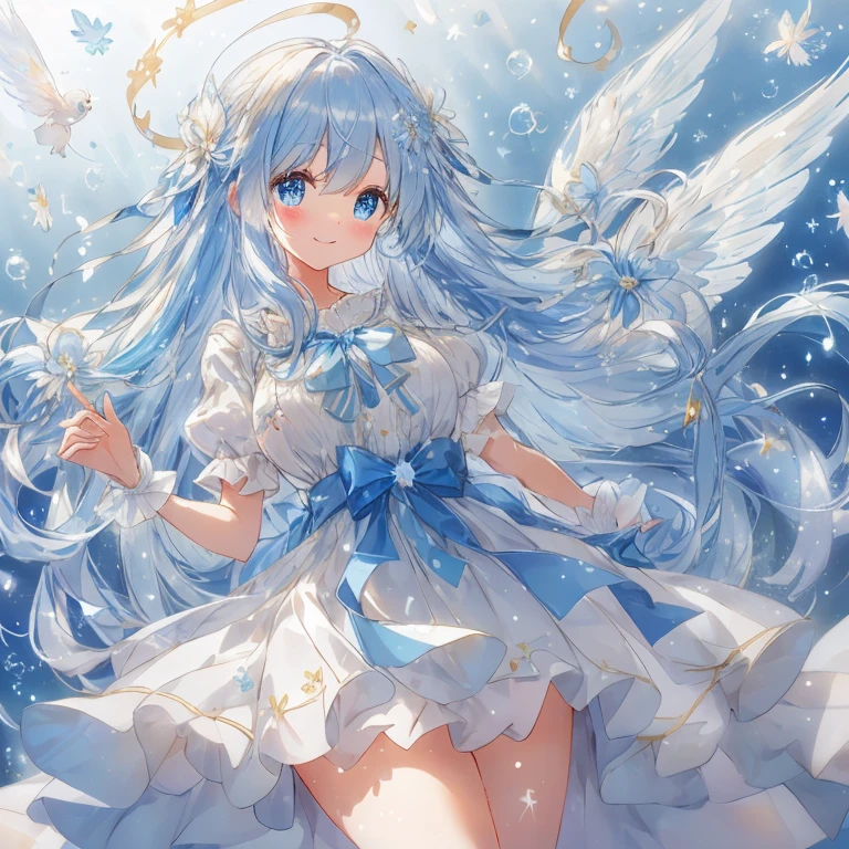 Um sonhador, Espumante, atmosfera fofa cheia de muitas bolhas de sabão grandes flutuando no ar. A moe anime style bishoujo with big Espumante blue eyes and a fluffy appearance. corpo todo. A Espumante smiling face. Ela usa um vestido azul claro com babados detalhados e delicados, e muitas fitas e enfeites em forma de flor. Ela tem fantástico, finas asas brancas translúcidas e uma aura de luz mágica que acentua a atmosfera fantástica. Seu cabelo é volumoso e longo ondulado, com fitas para combinar, dando a ela um visual fofo e caprichoso. The background is Espumante amidst lots of fluffy soap bubbles and large soap bubbles flying around, e a suave cor azul claro realça sua atmosfera fantástica e suave. (( A mais alta qualidade de imagem, mais alta qualidade ))