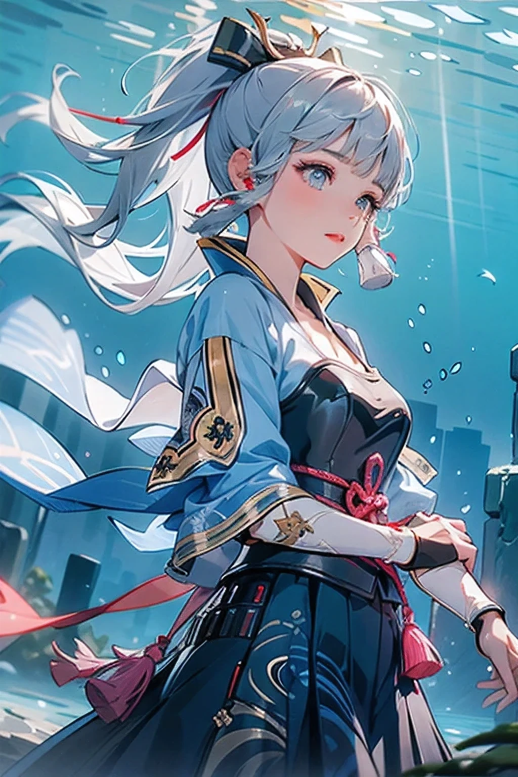 [(masterpiece, highest quality,3D)]:1.5 ((kamisato ayaka_Genshin Impact)),((One girl,Long Hair,Blue Hair,ponytail,Hair Ribbon, hair ornaments,Mole under the eye, blue eyes,breastplate,armor, Short sleeve,kimono,Blue Skirt, Tassel,gloves, Arm guard,))Ample breasts:1.9、[underwater,Dancing in the water],((Fantastic underwater ruins background)),Close-up image
