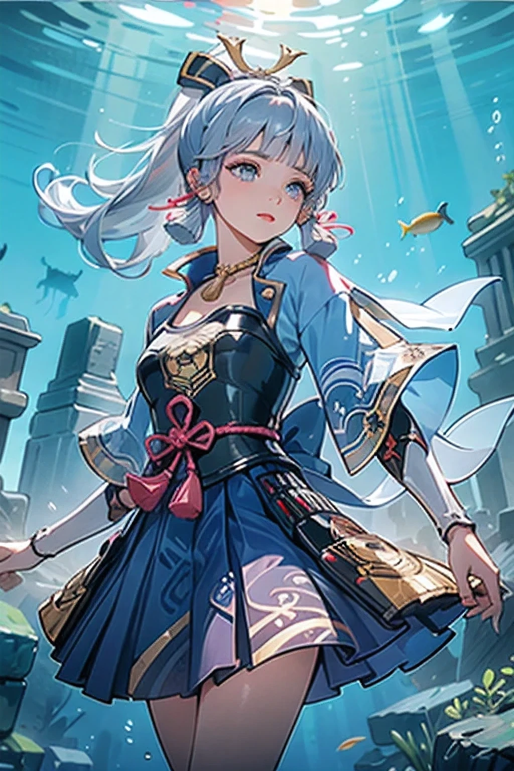 [(masterpiece, highest quality,3D)]:1.5 ((kamisato ayaka_Genshin Impact)),((One girl,Long Hair,Blue Hair,ponytail,Hair Ribbon, hair ornaments,Mole under the eye, blue eyes,breastplate,armor, Short sleeve,kimono,Blue Skirt, Tassel,gloves, Arm guard,))Ample breasts:1.9、[underwater,Dancing in the water],((Fantastic underwater ruins background)),Close-up image
