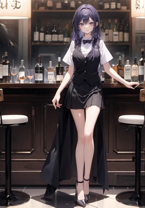 Purple long hair,(bartender),((Black vest)),(((A shirt with rolled up sleeves))),skirt,High heels,(((full body)))、((upright))