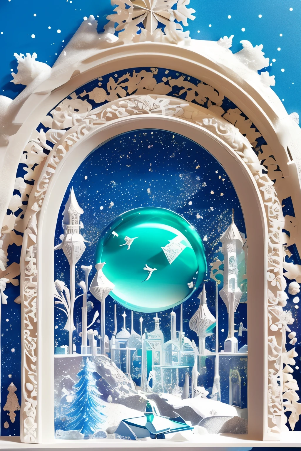 the world inside a snow globe, the world inside a snow globe, transparent, translucent and iridescent glass beads, best quality, super fine, 16k, incredibly absurdres, extremely detailed, delicate and dynamic, snowing, white sandy beach, emerald green sea, summer, background strange colors