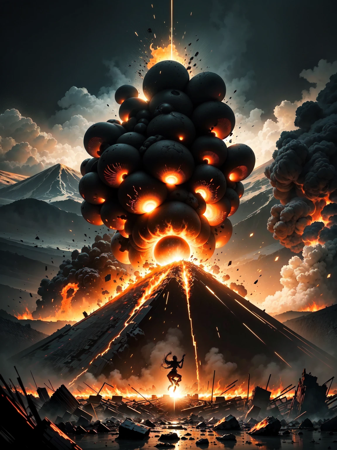 (high quality:1.2),demonic creature emerging from a volcano, an awe-inspiring image, destruction, apocalyptic, HD 4k,8k, masterpiece, ultra-detailed, hyper-realistic, lava melting everything, intense heat, glowing embers, dark and ominous atmosphere, billowing black smoke, molten rocks flying in the air, fiery explosions, crumbling buildings, devastated landscape, surreal and terrifying, vibrant and vivid colors, dramatic lighting, sparks and flames dancing around the creature, the ground cracking and splitting, chaos and despair, a haunting masterpiece in high definition.