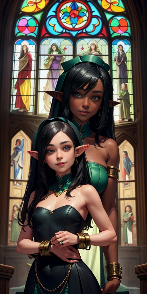 Clergy,flat chest ,pointy ears,  hair over eyes ,black hair, jewelry. long hair, dark skin, 
bare shoulders ,cuffs , green strapless dress ,shackles,  smile,  
upper body , hips, 
 church, milky way,  windows, 
(insanely detailed, beautiful detailed face, masterpiece, best quality) 