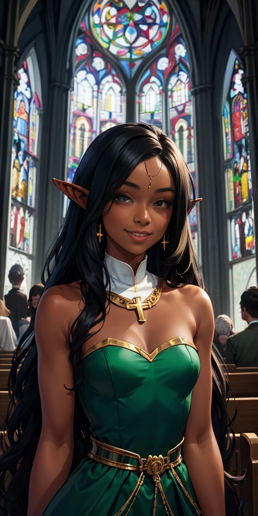 Clergy,flat chest ,pointy ears,  hair over eyes ,black hair, jewelry. long hair, dark skin, 
bare shoulders ,cuffs , green strapless dress ,shackles,  smile,  
upper body , hips, 
 church, milky way,  windows, 
(insanely detailed, beautiful detailed face, masterpiece, best quality) 