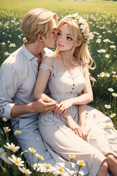 [man and woman kissing], intimate, soft colors, blonde hair, in the summertime, traditional German clothing, in a field, village...