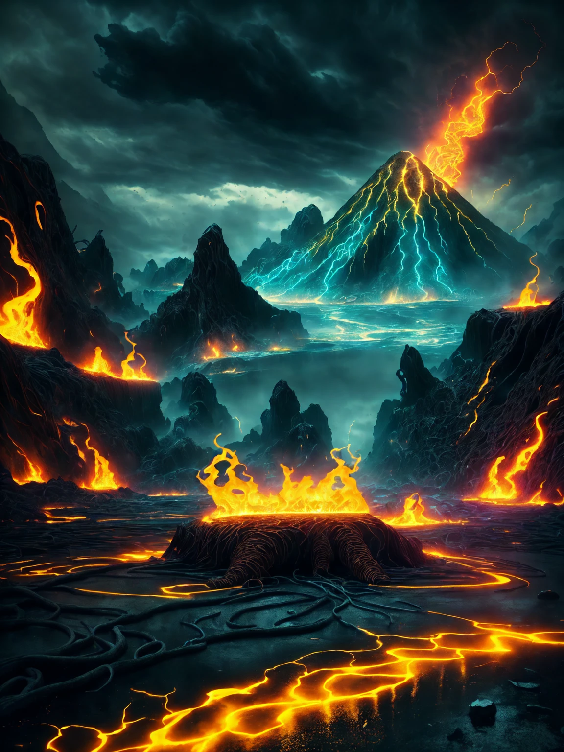 (high quality:1.2),demonic creature emerging from a volcano, an awe-inspiring image, destruction, apocalyptic, HD 4k,8k, masterpiece, ultra-detailed, hyper-realistic, lava melting everything, intense heat, glowing embers, dark and ominous atmosphere, billowing black smoke, molten rocks flying in the air, fiery explosions, crumbling buildings, devastated landscape, surreal and terrifying, vibrant and vivid colors, dramatic lighting, sparks and flames dancing around the creature, the ground cracking and splitting, chaos and despair, a haunting masterpiece in high definition.