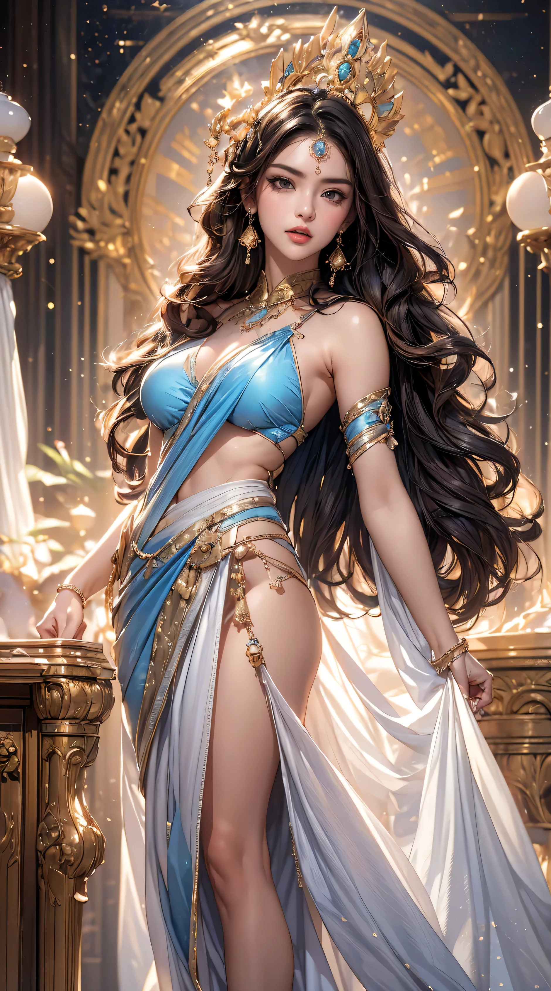 ((Best quality, 8k, Masterpiece :1.3)), Sharp focus :1.2, Generate a realistic image of a beautiful sexy Indian woman dressed in a white and blue silk saree, adorned with traditional ornaments, standing in a well-lit room with cinematic lighting. ((Front view, random elegant pose)), and there is a sense of grace and elegance in her posture. The background should complement the scene, enhancing the overall aesthetic appeal of the image. Photography by Brandon Woelfel, Full shot: Canon EF 16-35mm f/2.8L III USM lens on a Canon EOS 5D Mark IV camera, ultra realistic, 32k, HD