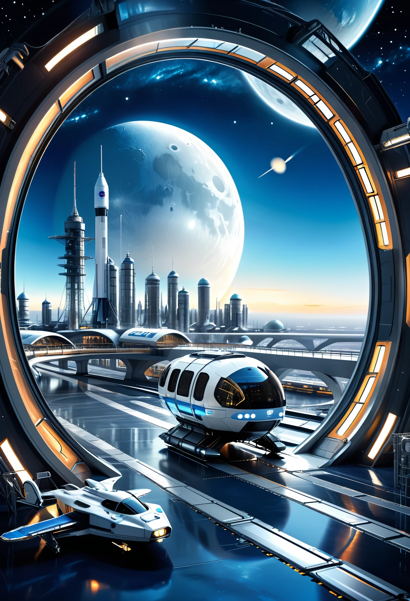 Look outside through a flashing window,An extraterrestrial big city,with space station and energy center located in a futuristic moon habitat,moon buggy,The space station are rendered in a digital illustration style with a focus on the futuristic architecture of the habitat,Houston Rocket launch site,satellite,((A High-speed train)),(The space station and High-speed train wire frame holograms:1.4),
rendered in the style of a 3D rendering,photographed professionally with professional lighting and color grading to appear hyper realistic,blue and white,
(the space station body do not glow:1.2),(dark blue background:1.2),(nebula and Sun:1.3),High-speed train,