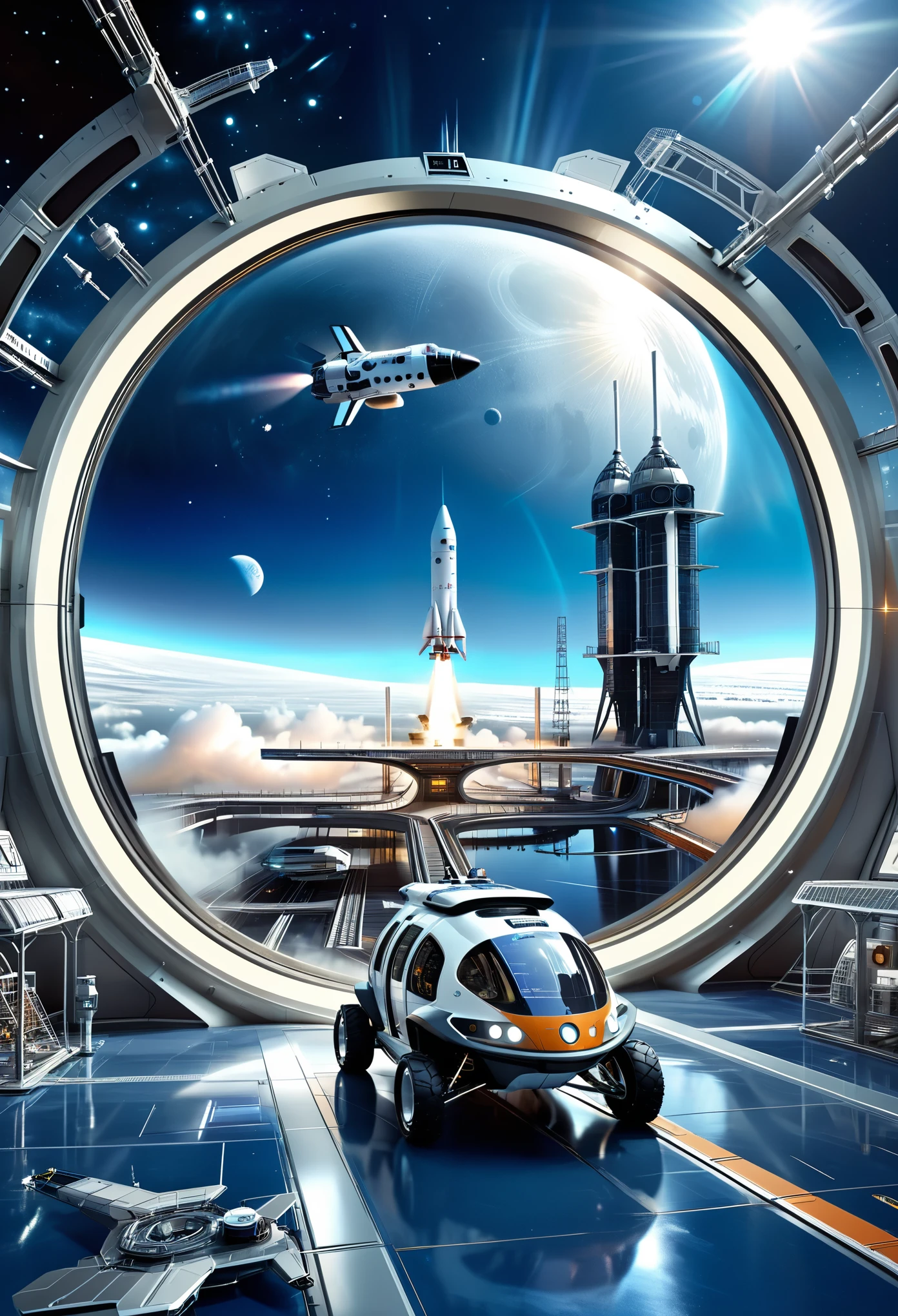 Look outside through a flashing window,An extraterrestrial big city,with space station and energy center located in a futuristic moon habitat,moon buggy,The space station are rendered in a digital illustration style with a focus on the futuristic architecture of the habitat,Houston Rocket launch site,satellite,((A High-speed train)),(The space station and High-speed train wire frame holograms:1.4),
rendered in the style of a 3D rendering,photographed professionally with professional lighting and color grading to appear hyper realistic,blue and white,
(the space station body do not glow:1.2),(dark blue background:1.2),(nebula and Sun:1.3),High-speed train,