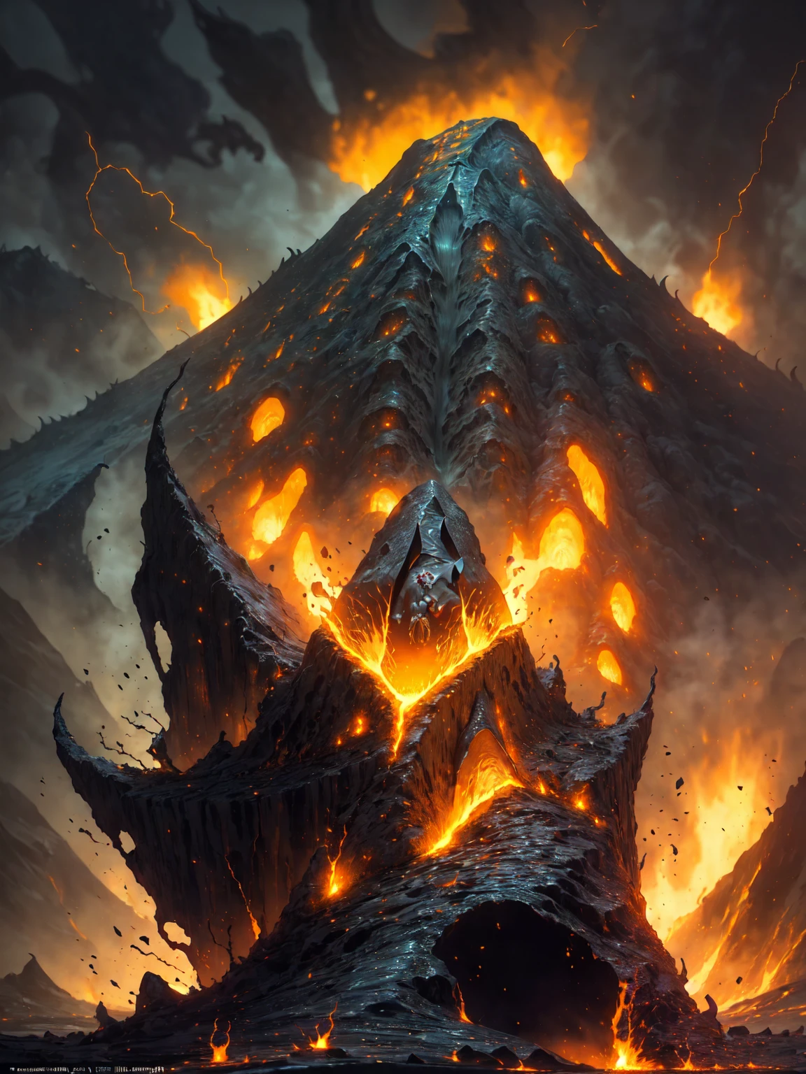 (high quality:1.2),((demonic creature emerging from a volcano:1.5)), an awe-inspiring image, destruction, apocalyptic, HD 4k,8k, masterpiece, ultra-detailed, hyper-realistic, lava melting everything, intense heat, glowing embers, dark and ominous atmosphere, billowing black smoke, molten rocks flying in the air, fiery explosions, crumbling buildings, devastated landscape, surreal and terrifying, vibrant and vivid colors, dramatic lighting, sparks and flames dancing around the creature, the ground cracking and splitting, chaos and despair, a haunting masterpiece in high definition.