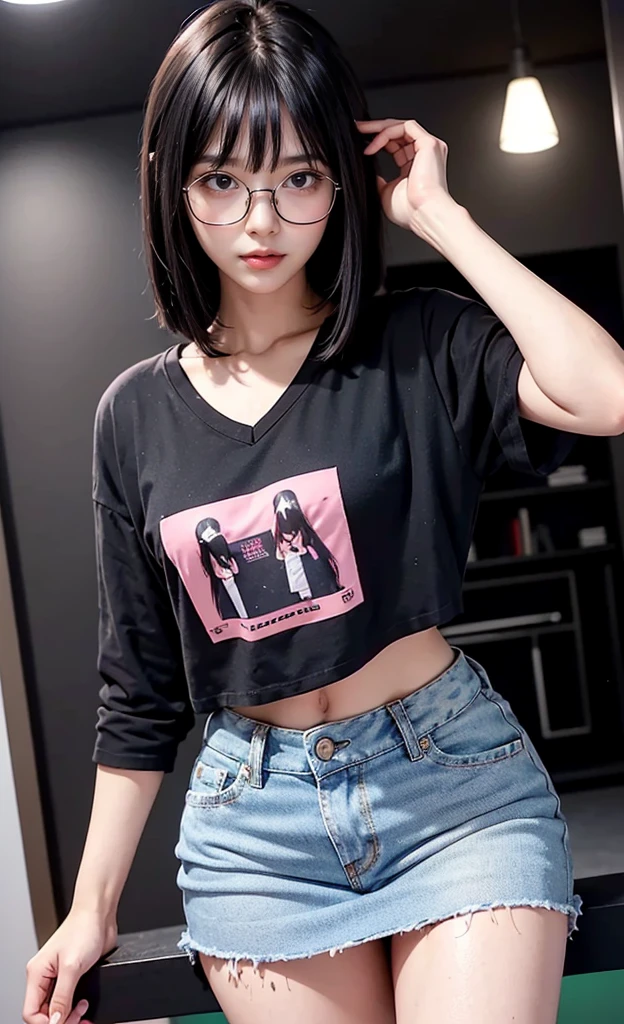 Chubby Glasses Naked - 1 girl, 18 years old busty woman, eye glasses, black straight bob hair with  bang - SeaArt AI