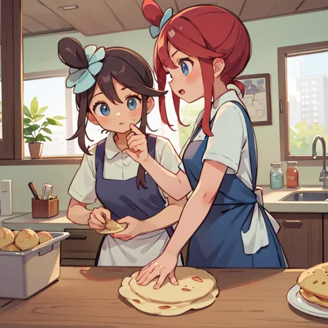 girls kneading tortillas in an apartment　apron and ponytail　mince is on the table