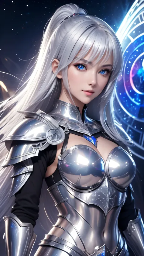 best quality, super fine, 16k, beautiful silver-haired knight, wearing shiny plated alloy armor on her chest and lower abdomen, ...