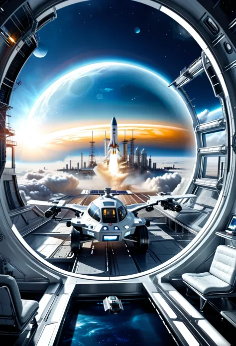 look outside through a flashing window,an extraterrestrial big city,with space station and energy center located in a futuristic...