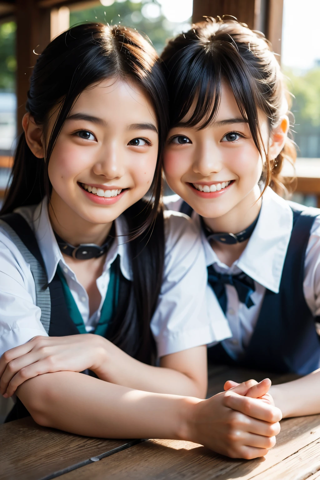 lens: 135mm f1.8, (highest quality),(RAW Photos), (Tabletop:1.1), (Beautiful Japanese Women), Cute face, (Deeply chiseled face:0.7), (freckles:0.4), dappled sunlight, Dramatic lighting, (Japanese School Uniform), (On campus), shy, ponytail, (Close-up shot:1.2), (smile),, (Sparkling eyes)、(sunlight),