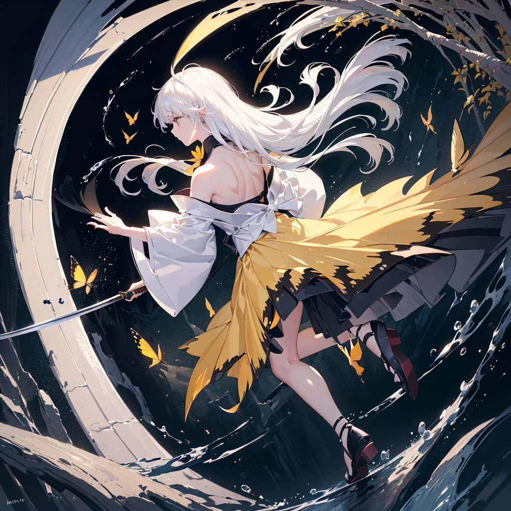 ((high resolution　close　White Hair　Long Hair　Black kimono　Black band　Military commander　Lonely　despair))　((Yellow butterfly　night　Japanese style　Shoulder　old　Shining Aura　garden　water surface))　(Dance　Blade of Darkness　Japanese sword　Swing down　Slashing)　moon　star　Draw your sword　Slashing　Catch the wind　fall