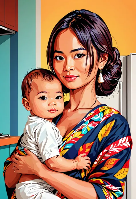 WPAP Style, a close up of  a woman holding a baby in a sling in a kitchen, inspired by I Ketut Soki, batik, with a kid, with ivy...
