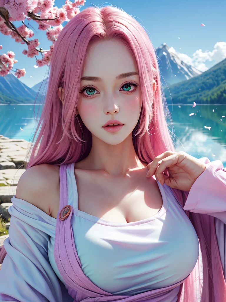 (masterpiece), best quality, 1girl, looking at viewer, (sion)\(shippuden\), parted lips, wind lift, bottomless, green white fabric ,pink hair, long hair, purple eyes, solid eyes, big breast masterpiece, absurdres,sion\(naruto the movie ), 1girl, solo,mature female, off-shoulder oversized shirt, looking at viewer, (falling petals), perfect composition, detailed lips, big breast, beautiful face, body propotion, blush, (pink lips), long hair,  purple eyes,  soft gaze,  super realistic, detailed, photoshoot, realistic face and body,background lake and mountains. 