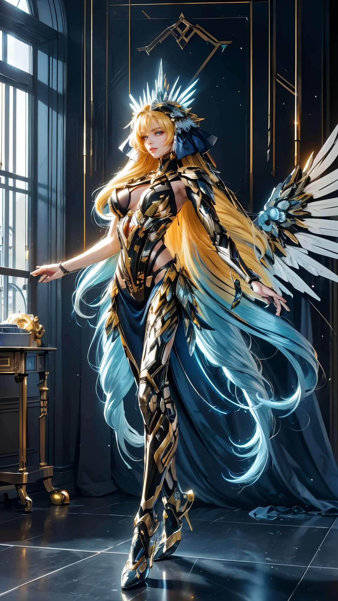 Best quality, masterpiece, ultra high res, raw photo, beautiful and aesthetic,deep shadow, dark theme,(ultra detailed:1.3),
1girl, sexy pose, Headdress, hair ornament, full of curtain, drill hair, long hair, blonde hair, gradient hair, yellow eyes, solo, huge breasts, G-cup, big hair, blue hair, tiara, divine goddess, looking at viewer, cyber punk city, indoors, bedroom, astraea, full body, mechanical arm, holy paladin, mecha theme, scifi theme, mechangel, mecha, wing, armor, mechanical wing, many rings of light above, lots of feathers,