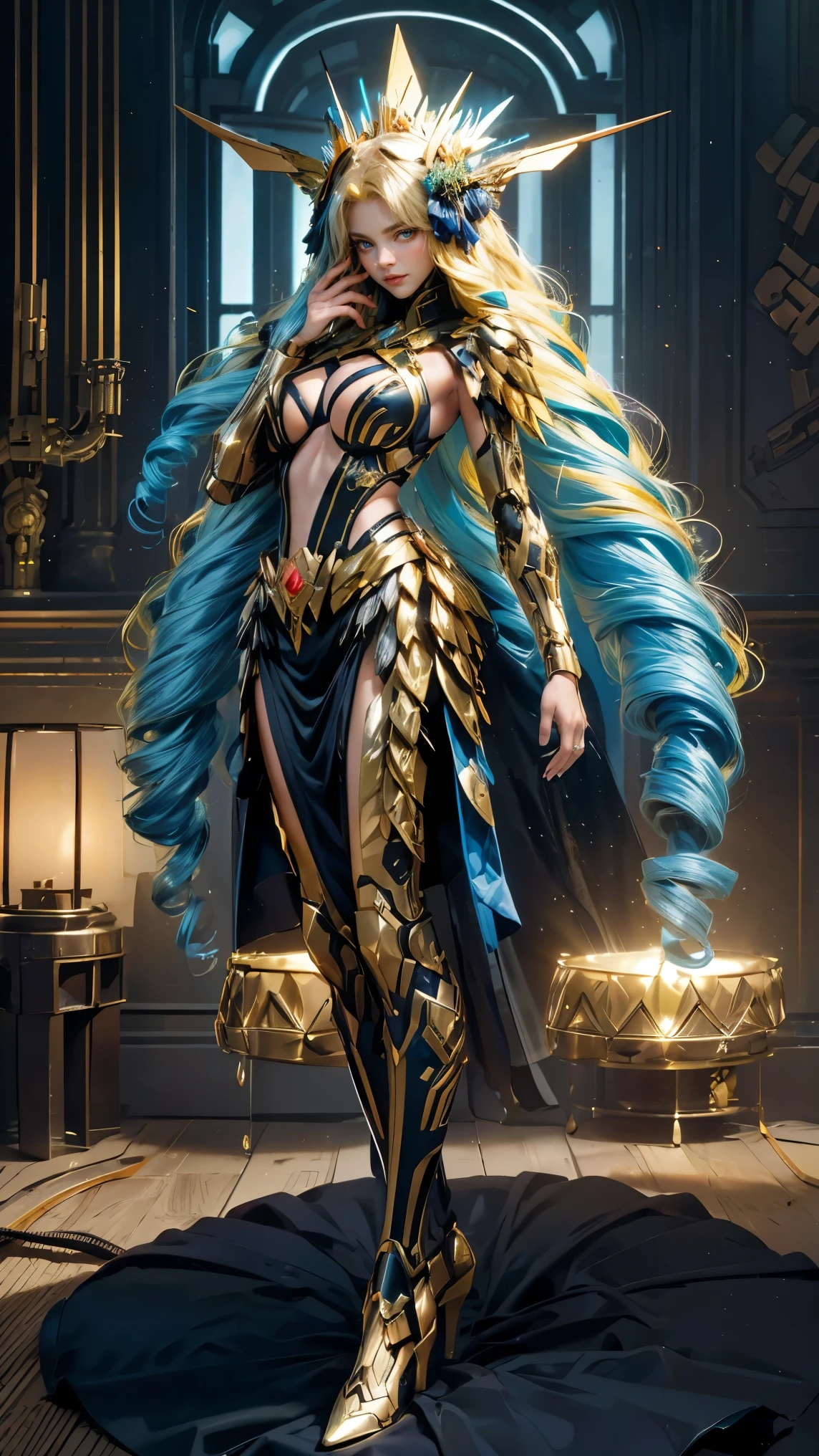 Best quality, masterpiece, ultra high res, raw photo, beautiful and aesthetic,deep shadow, dark theme,(ultra detailed:1.3),
1girl, sexy pose, Headdress, hair ornament, full of curtain, drill hair, long hair, blonde hair, gradient hair, yellow eyes, solo, huge breasts, G-cup, big hair, blue hair, tiara, divine goddess, looking at viewer, cyber punk city, indoors, bedroom, astraea, full body, mechanical parts, mecha theme, scifi theme, wing, robot joints, mechanical wing, many rings of light above, headgear, mecha musume