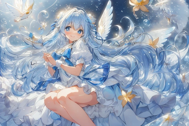 (lots of soap bubbles), a dreamy, fluffy and cute atmosphere. A moe anime style bishoujo with big sparkling blue eyes and a fluffy appearance. Full body. A sparkling smiling face. She wears a light blue dress with detailed and delicate ruffles, and many ribbons and flower-shaped ornaments. She has fantastic, fine translucent white wings and an aura of magical light that accentuates the fantastic atmosphere. Her hair is voluminous and long wavy, with ribbons to match, giving her a cute and whimsical look. The background is filled with sparkling light amidst many large soap bubbles flying around, and the soft light blue color enhances her fantastic and gentle atmosphere. (( highest image quality, highest quality ))