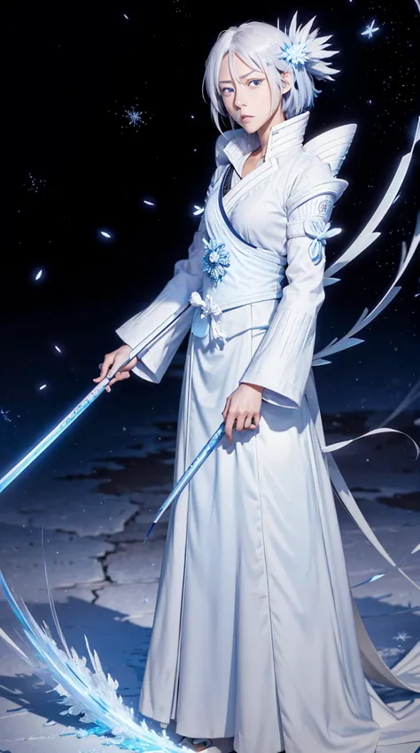 A digital art of Rukia Kuchiki, Bankai form(Hakka no Togame), from anime Bleach, standing, Full body, white hair, light blue eye...