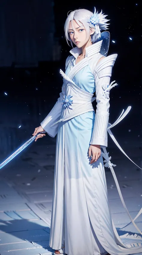 A digital art of Rukia Kuchiki, Bankai form(Hakka no Togame), from anime Bleach, standing, Full body, white hair, light blue eye...