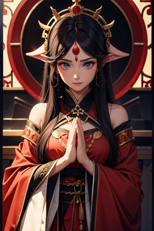 Dark elf woman in oriental red robes prays to the icon of the Three Gods