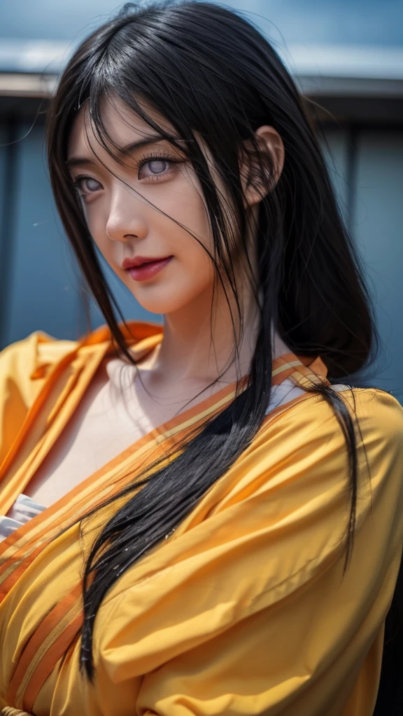 a close up of a person with long hair and a orange clothes, hyuga hanabi, hyuga hanabi from anime naruto shippuden, as an anime character, perfect anime face, she has dark blue hair with bangs, female anime character, anime character, anime best girl, hime cut hairstyle, dark blue hair, (red glossy lips:1.3), byakugan eyes, smile, realistic, ultra detail, city background, (beautiful face:1.3)