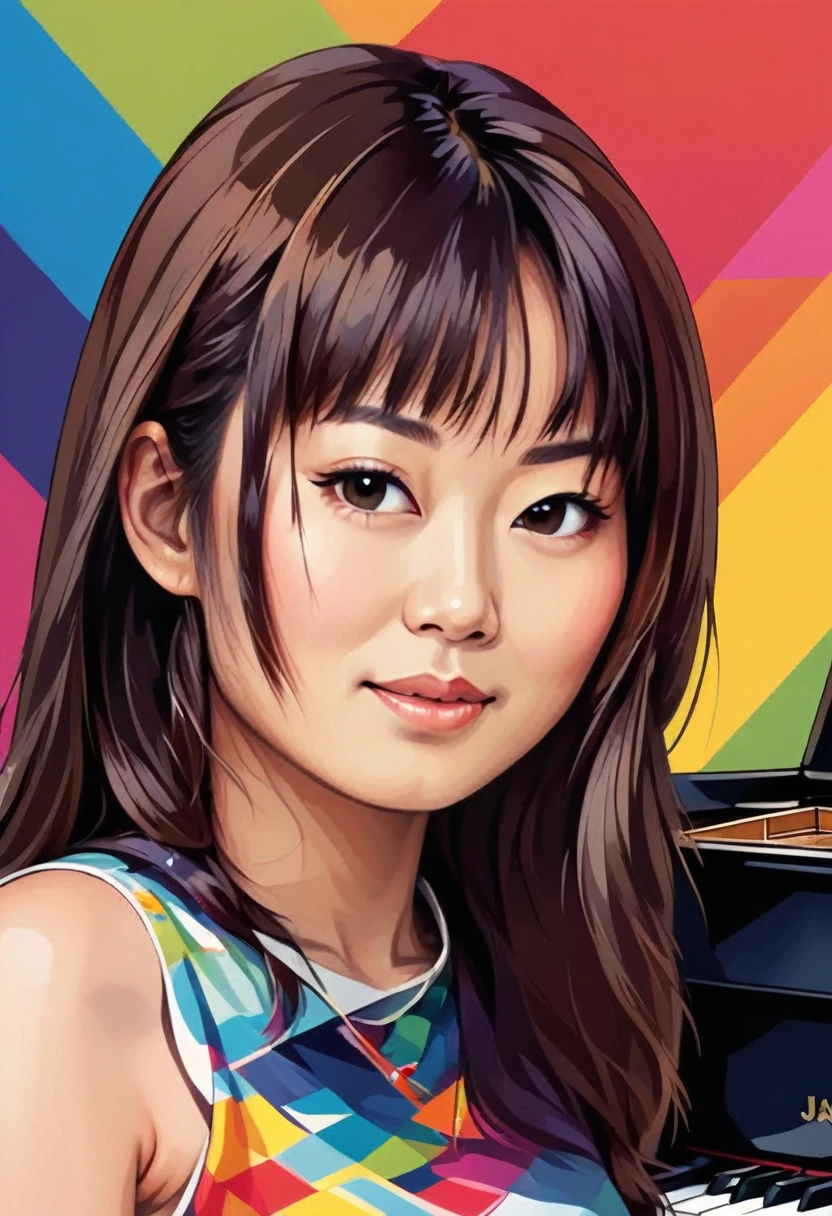 WPAP Style, a close up of a japanese woman playing a piano on a colorful background, vector art style, piano, in style of digital illustration, extremely high quality artwork, vector art, vector artwork, high quality portrait,  digital art illustration, artistic illustration, stylized digital illustration, jazz album cover, background artwork, digital illustration, musician, beautiful artwork, wpap