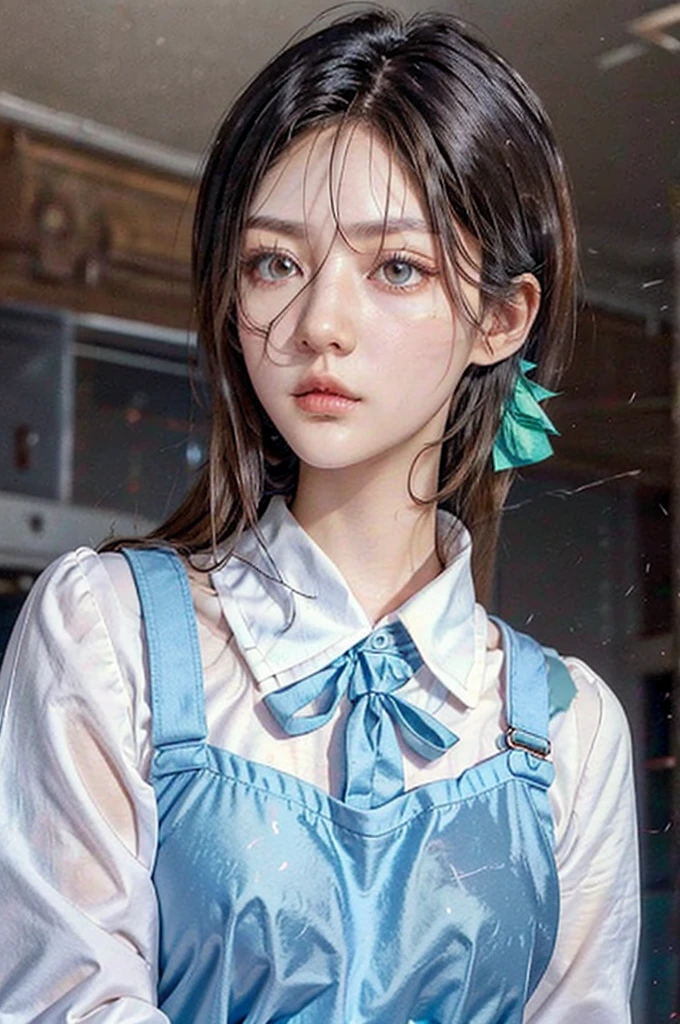 (hyper-realistic), (illustration), (high resolution), (8K), (extremely detailed), (best illustration), Yoru ( Chainsaw Man ), (beautiful detailed eyes), (best quality), (ultra-detailed), (masterpiece), (wallpaper), (detailed face), solo, upper body, focus on face, 1 girl, long black hair, Korean, thin eyeshadow, well-detailed eyes, brown eyes, small moles under the eyes, long sleeve shirt, neck bow,  small breasts, pinafore dress, dynamic pose, low lighting, classroom, night, dark