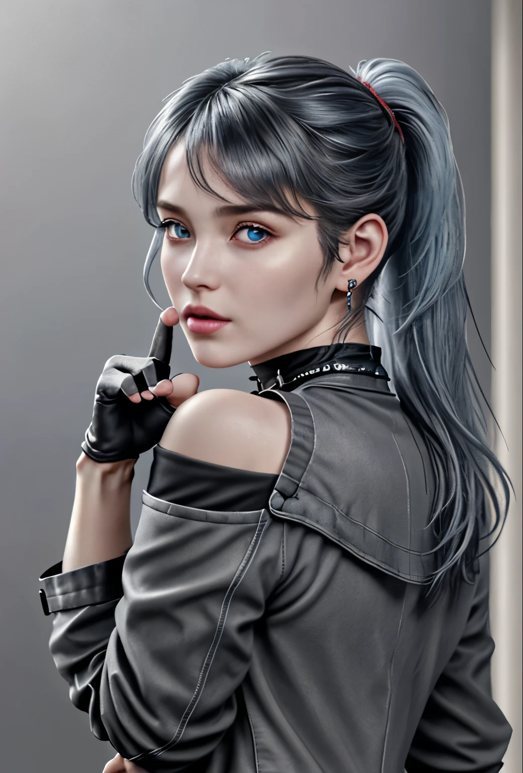 1girl, aqua eyes, back, bangs, bare shoulders, black gloves, blue eyes, braid, choker, earrings, fingerless gloves, from behind, gloves, grey hair, holding, jacket, jewelry, long hair, looking at viewer, looking back, nail polish, off shoulder, parted lips, piercing, ponytail, red jacket, solo, upper body,baiyi,[[realistic]],(shiny skin),(masterpiece:1.4),(best quality:1.4)