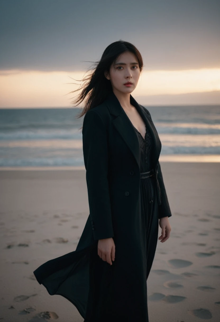 cinematic photo {sll,1girl,solo,beach,wind,looking at viewer,short coat,long dress,dusk,upper body,} . 35mm photograph,realistic,high quality,highres,professional,4k,highly detailed,professional,realistic photograph,transparent,