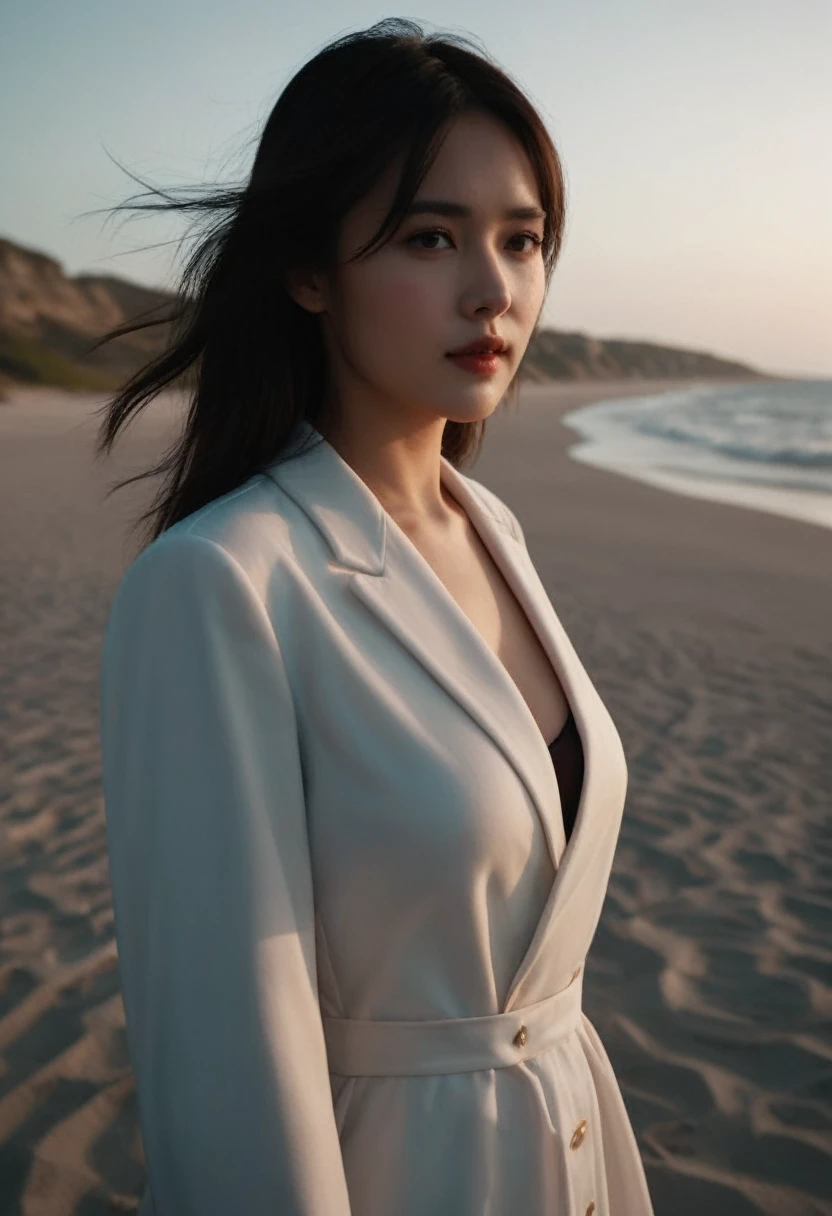 cinematic photo {sll,1girl,solo,beach,wind,looking at viewer,short coat,long dress,dusk,upper body,} . 35mm photograph,realistic,high quality,highres,professional,4k,highly detailed,professional,realistic photograph,transparent,