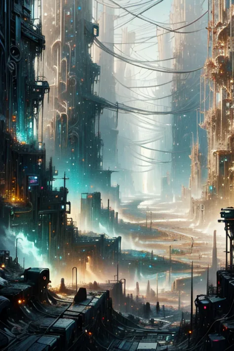 (obra de arte:1.2, melhor qualidade), ( panoramic scene showing the immensity of the city)  a sea of futuristic ruins and labyri...