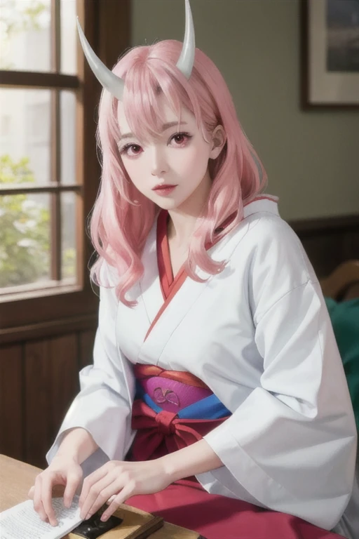 photorealistic, (4k), depth of field, (Masterpiece), (realistic skin texture), extremely detailed, intricate, hyper detailed, professional photography, bokeh, high resolution, sharp detail, best quality, girl, red and white kimono, long hair, pink hair, pink eyes, (horns), relaxing, RAW photo, (high detailed skin:1.2), 8k uhd, dslr, soft lighting, high quality, film grain, Fujifilm XT3