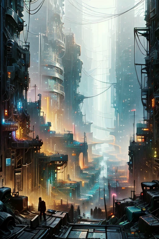 (obra de arte:1.2, Melhor qualidade), ( panoramic scene showing the immensity of the city)  a sea of futuristic ruins and labyrinthine corridors stretch endlessly on all sides, labyrinthine city.