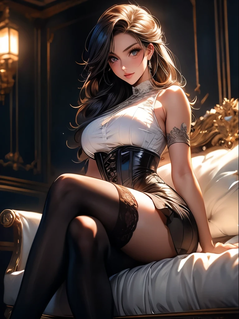 Anime, a glamour shot of a smiling MILF, big breasts, big ass, Standing demurely with her legs crossed in a bedroom, long sexy legs, leaning toward the viewer, with Smokey eyes and knowing smile wearing a white corset, white lace stockings, insanely detailed face and eyes, intricate, hyper-detailed bedroom, digital illustration, masterpiece, beautiful eyes, atmospheric lighting, centered, perfect anatomy, glowing eyes, candid portrait, clear, very detailed, smooth, sharp focus, focused on the viewer, 