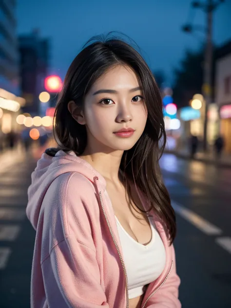 a japanese actress at night in a pink hoodie. vending machines and street lights in the background, shy smile, (messy hair blowi...