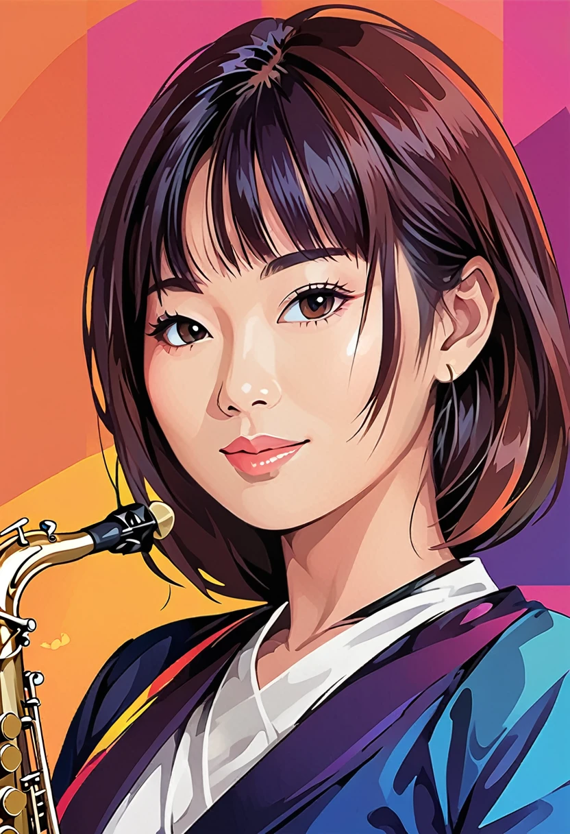 WPAP Style, a close up of a japanese woman playing a saxophone on a colorful background, vector art style, saxophone, in style of digital illustration, extremely high quality artwork, vector art, vector artwork, high quality portrait,  digital art illustration, artistic illustration, stylized digital illustration, jazz album cover, background artwork, digital illustration, musician, beautiful artwork, wpap