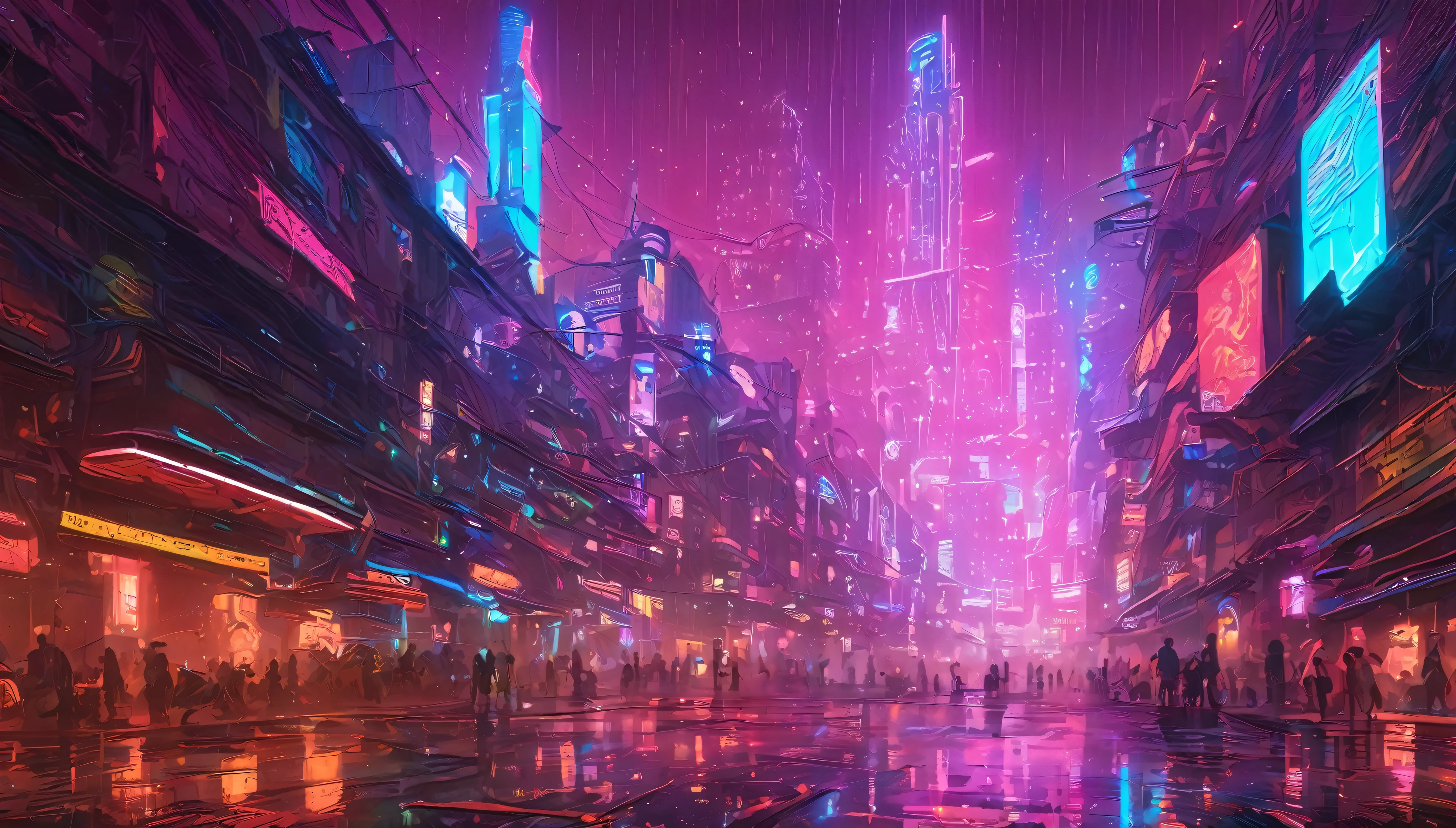 une métropole dystopique et vibrante qui reflète l'essence du genre cyberpunk. Avec ses gratte-ciel imposants. Les rues sont éclairées par des néons vacillants et recouvertes d'une pluie perpétuelle.. La ville est un lieu où la technologie cybernétique s'intègre à la chair et au sang., créant une société où la réalité virtuelle et la vie quotidienne s'entremêlent de manière complexe et souvent troublante. Ultra détaillé, 4kHDR, 4K UHD 