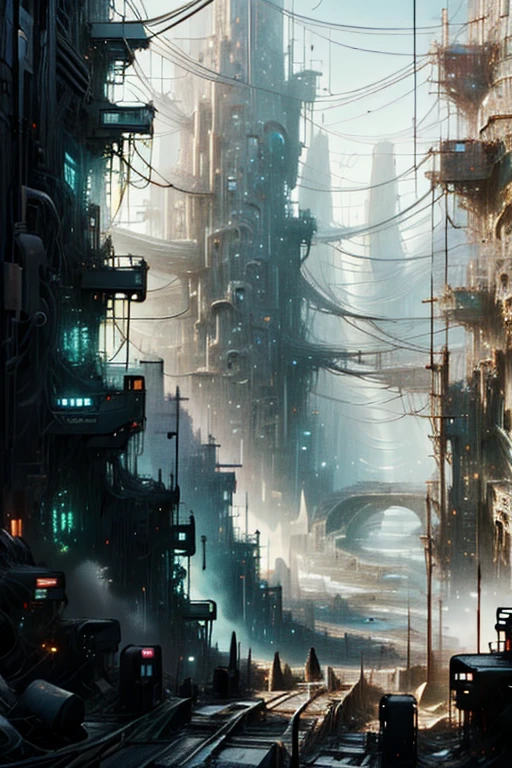 (obra de arte:1.2, Melhor qualidade), ( panoramic scene showing the immensity of the city)  a sea of futuristic ruins and labyrinthine corridors stretch endlessly on all sides, flanked by gigantic arcologies, a river crossing the buildings.